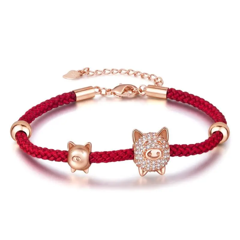 

Cute Pig Adjueable Braided Bracelet For Women Waven Lucky Red Rope Chain Rose Gold Color Bangles Jewelry