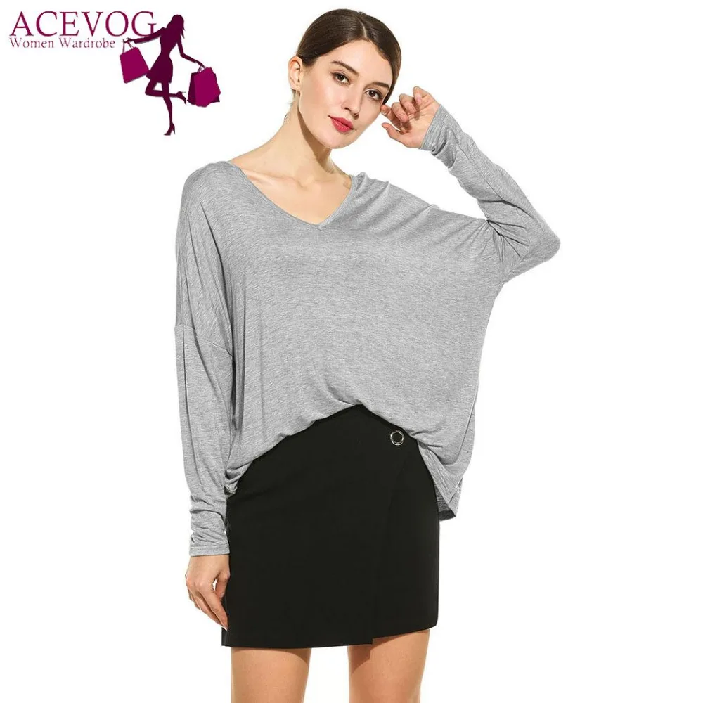

ACEVOG Casual Autumn T-Shirts Loose V-Neck Women Shirts Batwing Long Sleeve Solid Autumn Women T-Shirt Basic Women Top Shirts