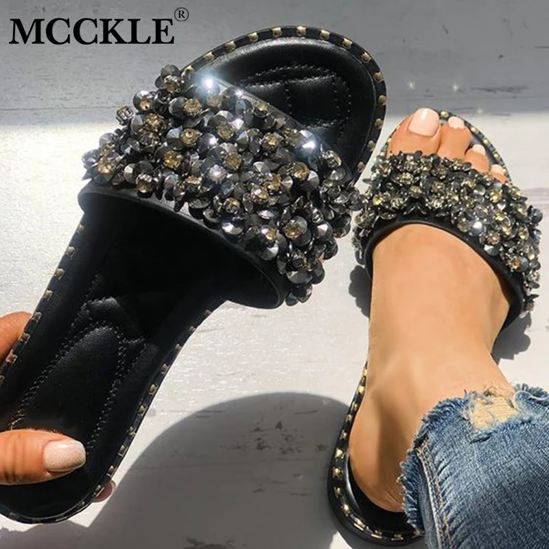 Women Casual Summer Flat Beach Slippers Female Crystal Rivets Slides