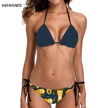 

INSTANTARTS Tropical Sloth Pattern Summer Two-piece Swimming Suits Breathable Female Bathing Wear Padded Halter Bikini Set Lady