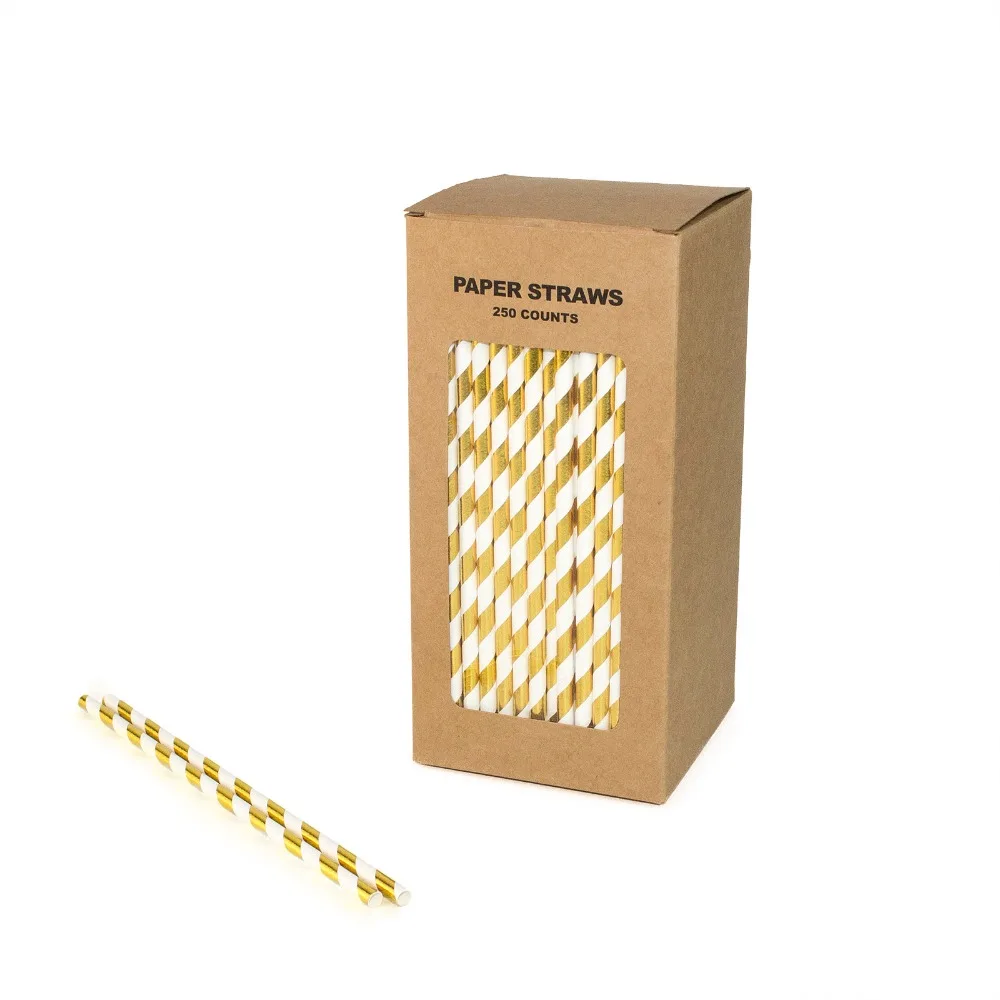 

Free Shipping 100% Biodegradable Paper Straws For Birthday Party, Foiled Gold Stripe Paper Straws Paper Straws 250 Counts Box