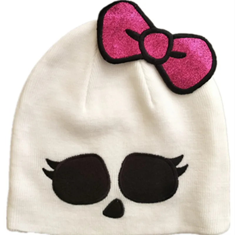 

High Quality Cute Cartoon Monster skeleton Skull Bow Winter CAPs Toddler Beanies Dolls Warm Hats for children kids Adult girls