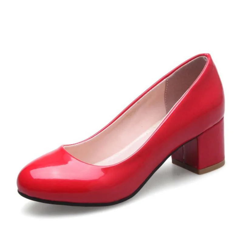ZALAVOR/женские туфли-лодочки; 6 цветов; туфли из лакированной кожи с круглым носком на высоком каблуке; женская офисная обувь для вечеринок; большие размеры 32-46 - Цвет: Красный
