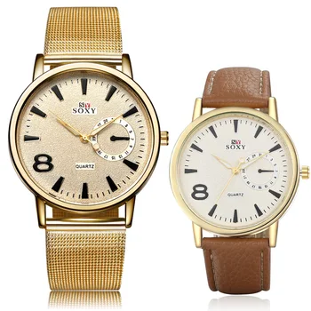 

A Pair Watches Set SOXY Gold Mesh Belt Wrist Watch Simple Style Men Quartz Watches Fashion Design Male Watch Montre Homme 2 PCS