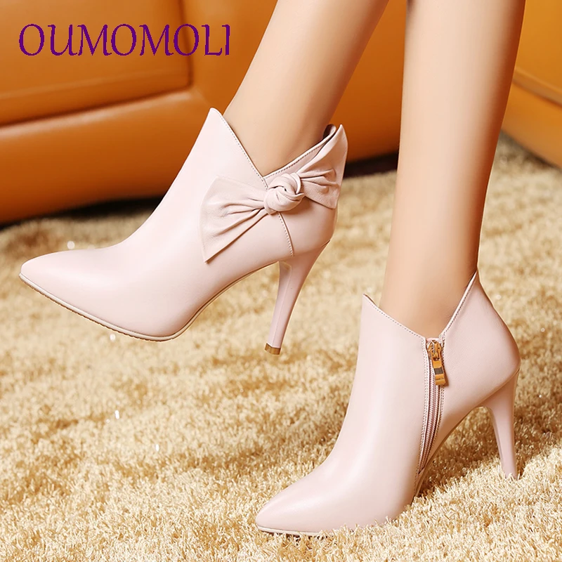 

2019 new style shoes for woman genuine leather high heels stilettos pink bowtie ankle boots fashion shoes women