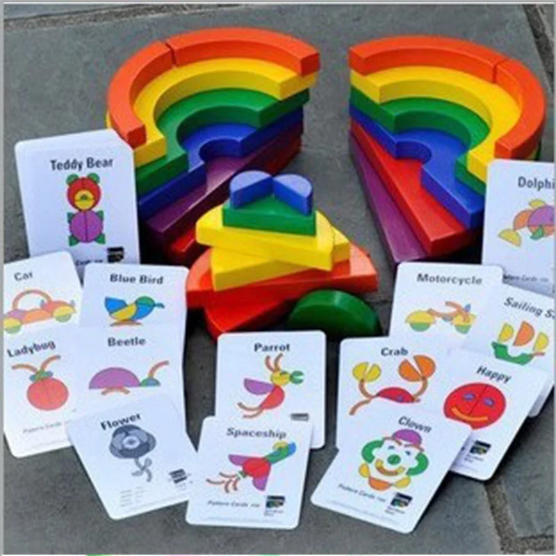 

48pcs Large Circle Set Rainbow Blocks Wooden Toys For Children Educational Geometric Assembling Blocks Cards ChristmasGifts