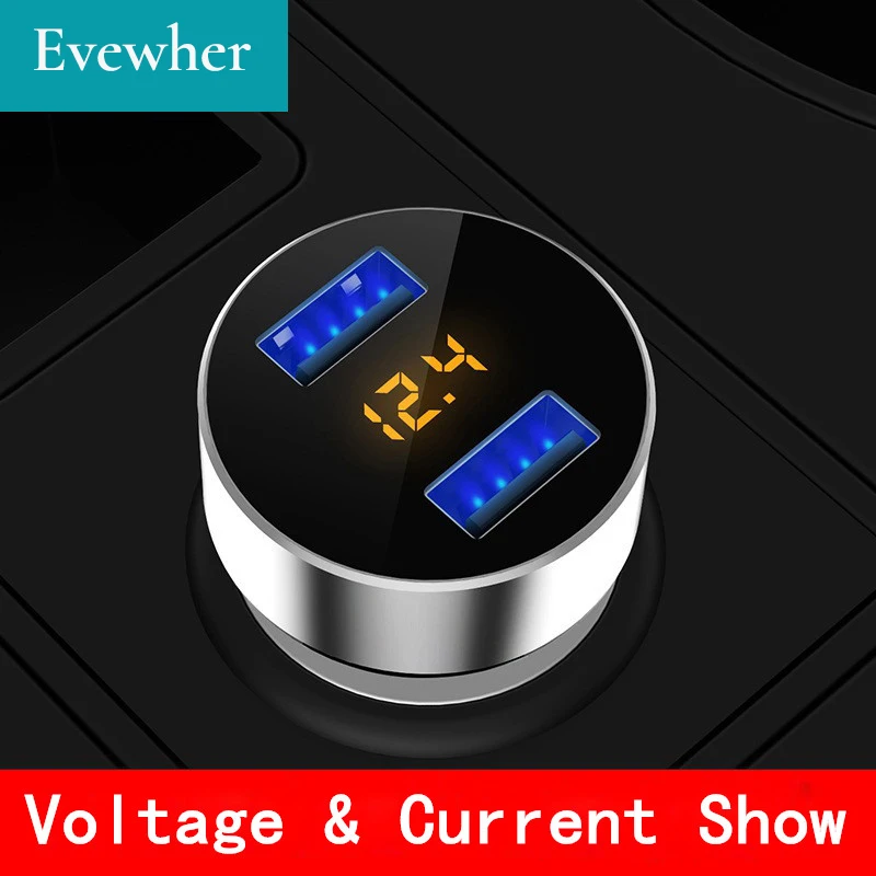 Evewher 3.1A Dual USB LED Display Mobile Phone Car Chargers For iphone Show Car Voltage Charging