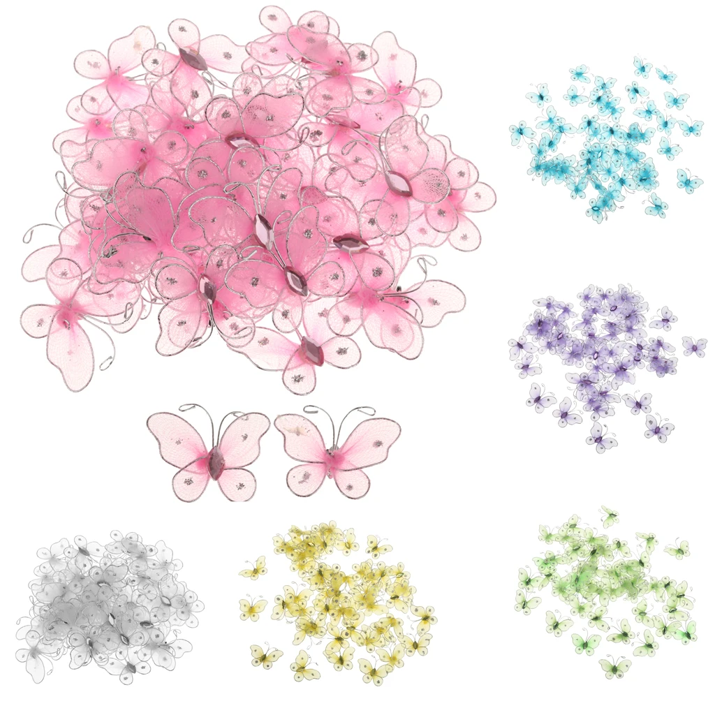 50pcs/Set Wired Mesh Stocking Glitter Butterfly Wedding Craft Decoration DIY for Women Girls