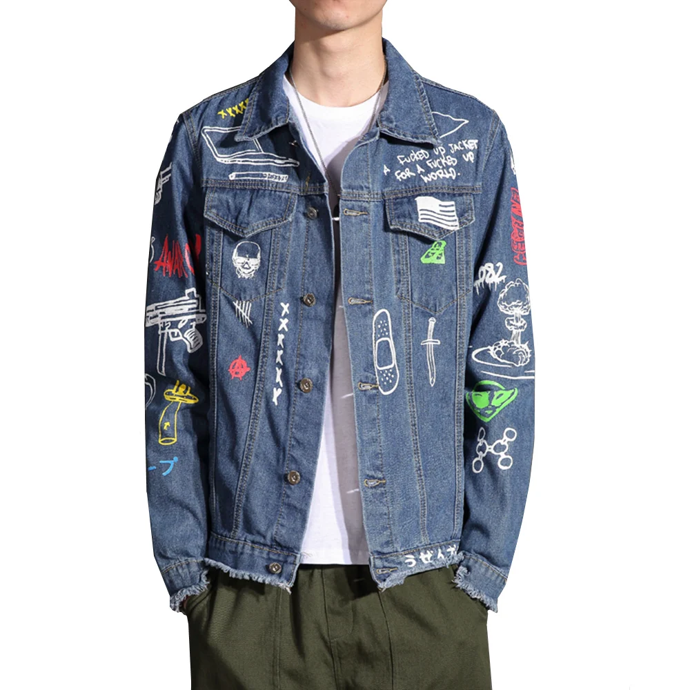 

Denim Jacket Mens Autumn Coats Bomber Cotton Casual Graffiti Printed Hip Hop Jean Jacket Coat Male Streetwear Plus Size M-5XL