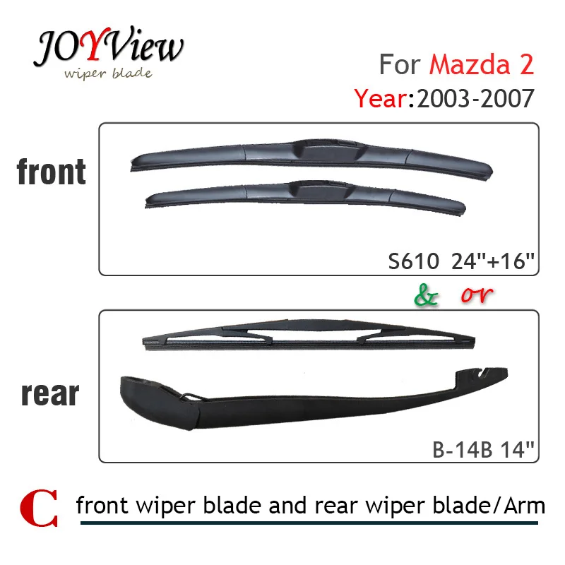 S610 24"+16" Front Wiper Blade and B-14B REAR WIPER ARM BLADE FIT FOR MAZDA 2(03-07) 14" WINDSCREEN BLADES | Автомобили и