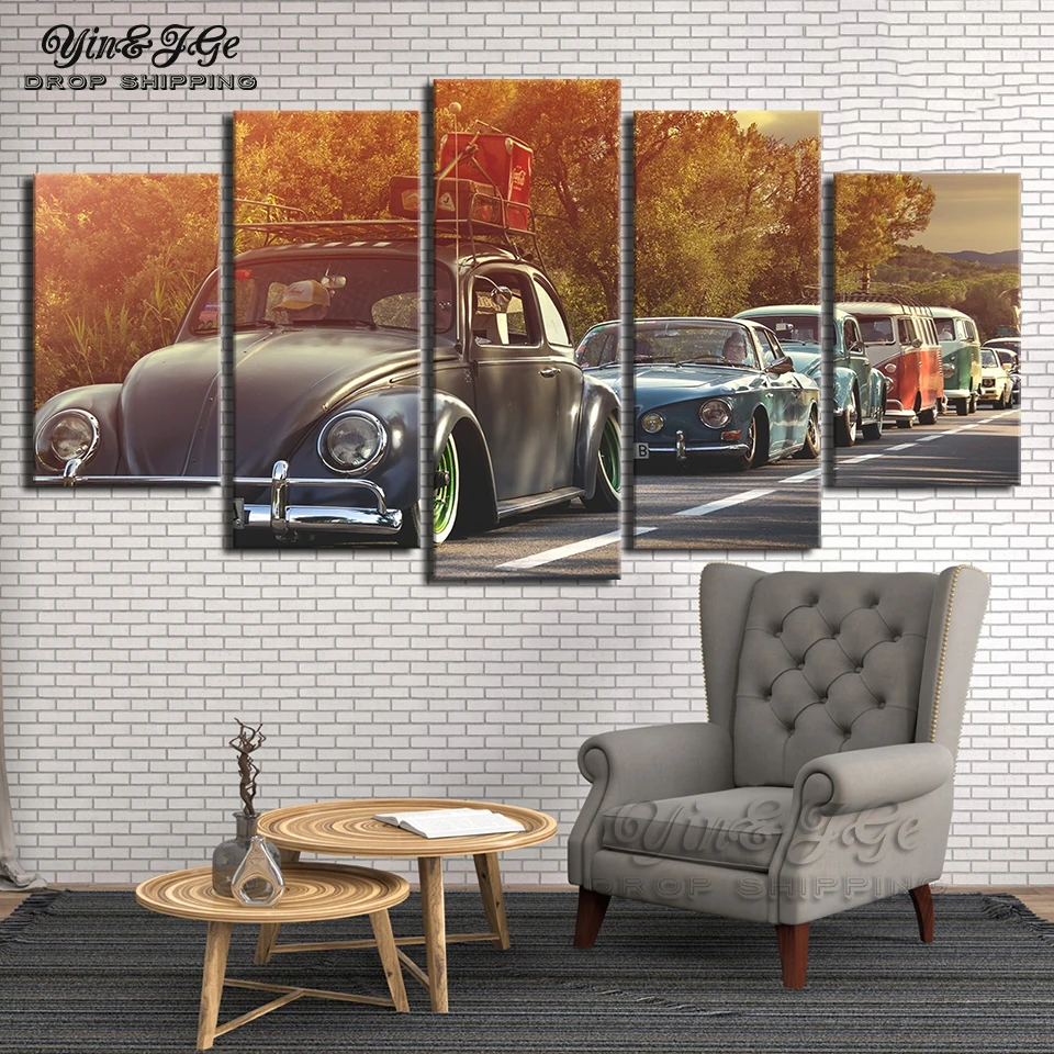 

HD Printed Canvas Pictures 5 Pieces Volkswagen Beetle Car Painting Retro Sunset Posters Decor Living Room Wall Art Modular Frame