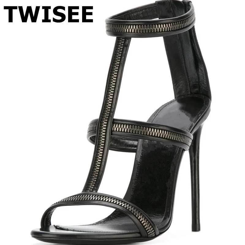 

chaussure femme Sandals zapatos mujer new style fashion thin high heels 11 cm woman casual shoes zipper solid black