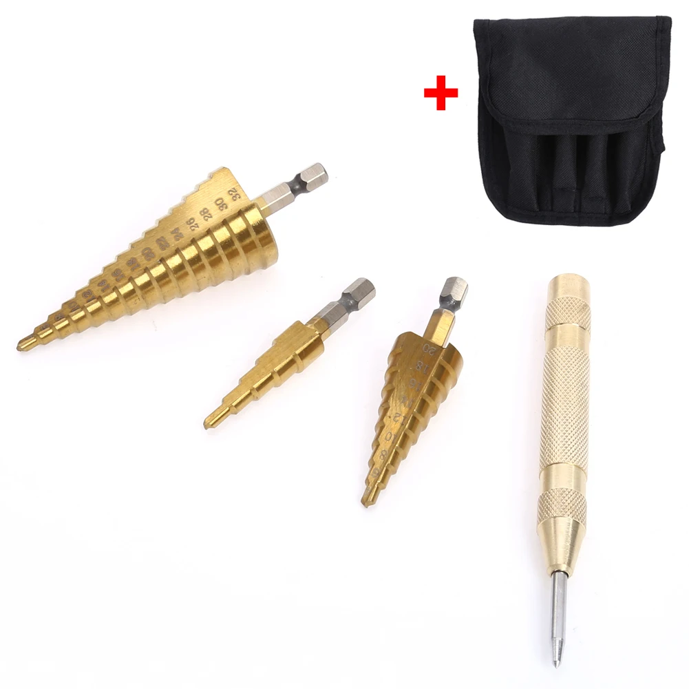 3pcs Hex Hss HSS Step Cone Titanium Drill Bits Hole Cutter Automatic Center Punch Set Cone