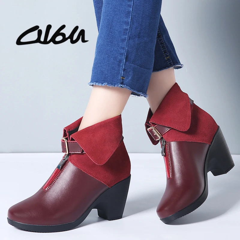 

O16U 2019 Spring New Ankle Boots Women Shoes Genuine Leather Black Boots Fashion Ladies Strap Buckle High Heels Boots Female 41