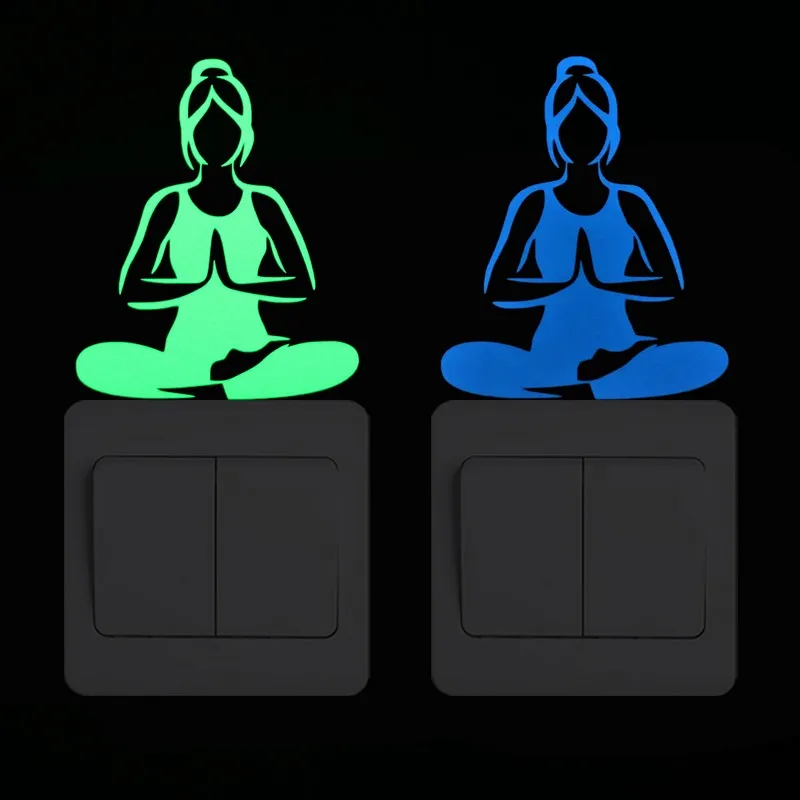 

Fashional Yoga Meditation Vinyl Light Switch Sticker Creative Cartoon Glow in the Dark Sports Wall Sticker Luminous Home Decor