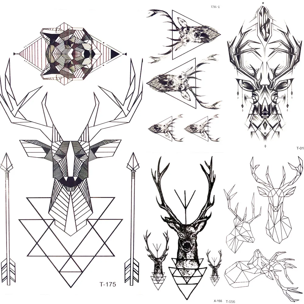 

Geometric Elk Wolf Temporary Tattoo Women Body Hands Arm Art Moose Deer Tattoo Stickers Men Triangle Water Transfer Tatoos Arrow