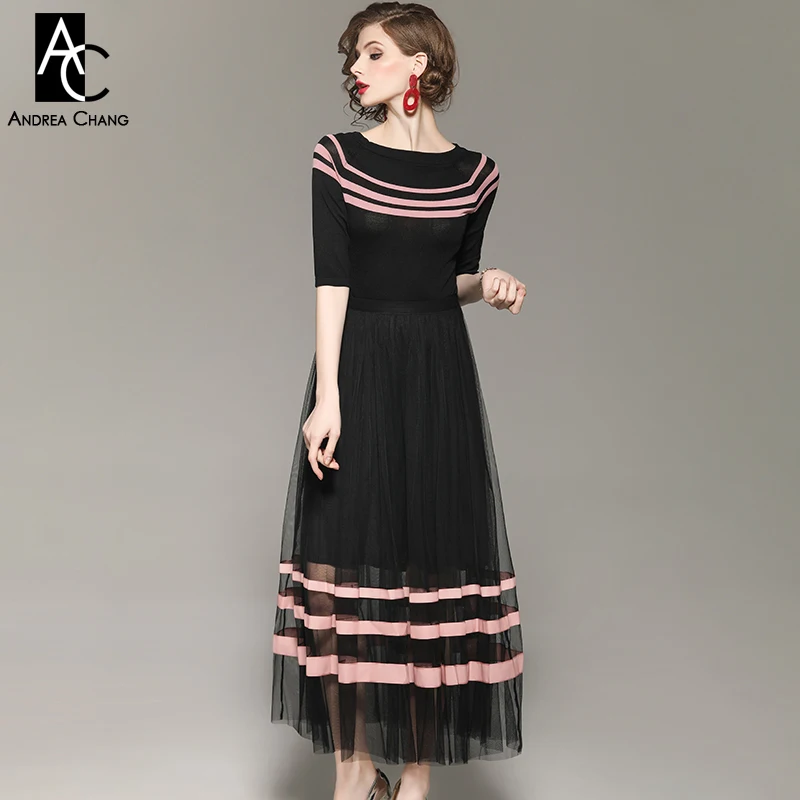 

autumn spring woman clothing set pink blue strip pattern half sleeve black t-shirt + ankle length gauze skirt fashion outfit