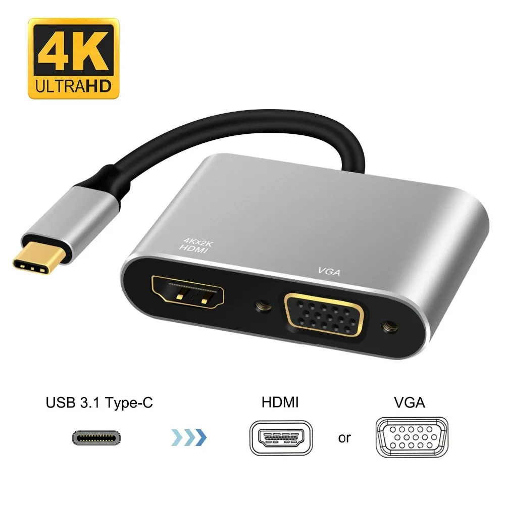 Type C USB 3.1 to 4K HDMI VGA Adapter Converter Cable 2in1 Hub For Apple Macbook