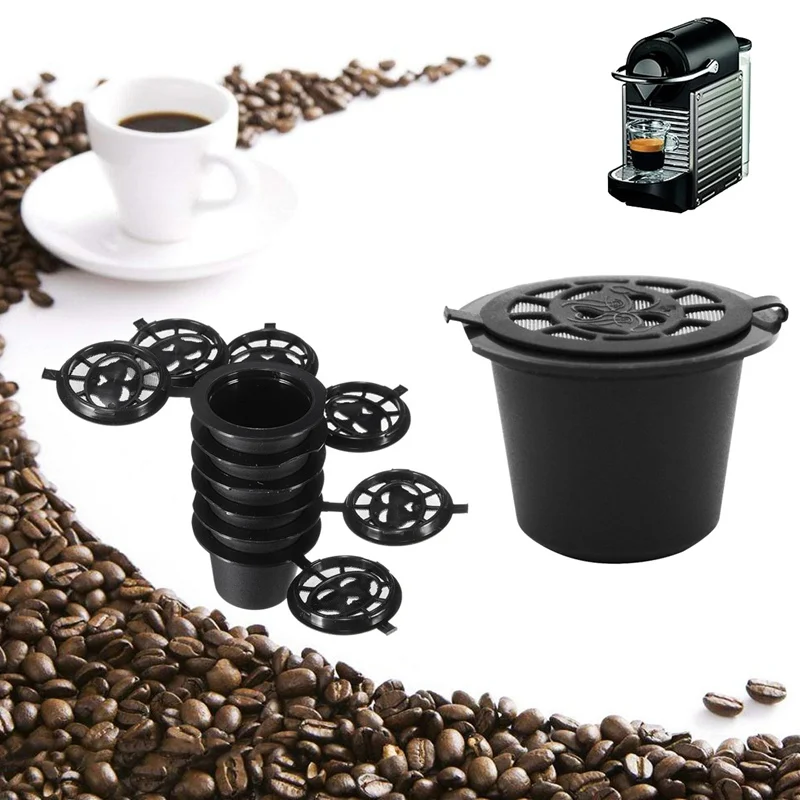 

6PCS Black Reusable Coffee Capsules+Spoon+Brush Refillable Coffee Capsule Cup Reusable Refilling Filter For Nespresso Machine