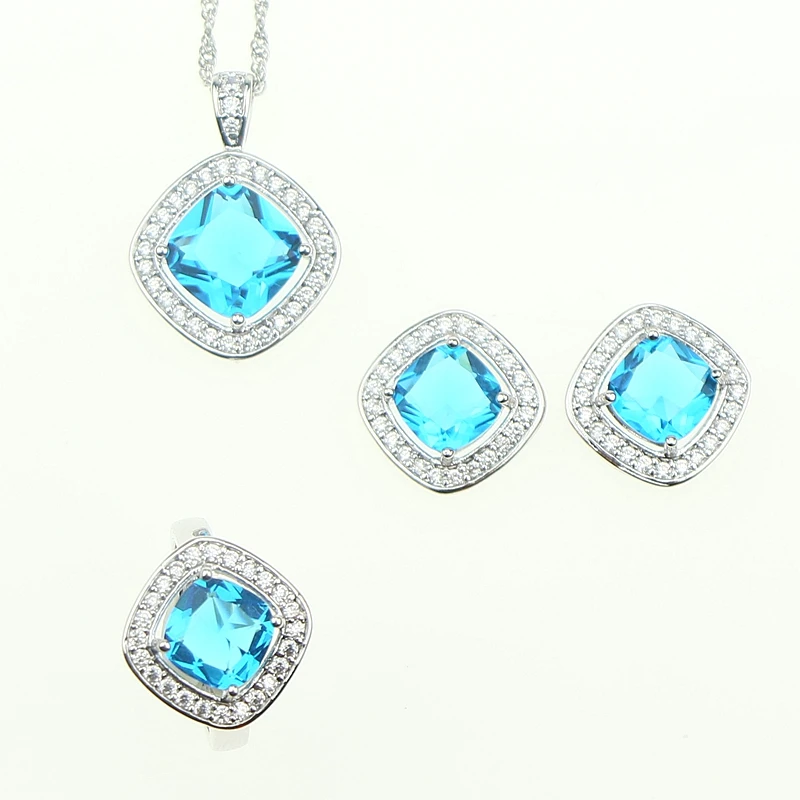 

Sky Blue Crystal Cubic Zirconia Jewelery Sterling Silver 925 Necklace Pendant Earrings Ring Jewelry Sets Ornament For Women