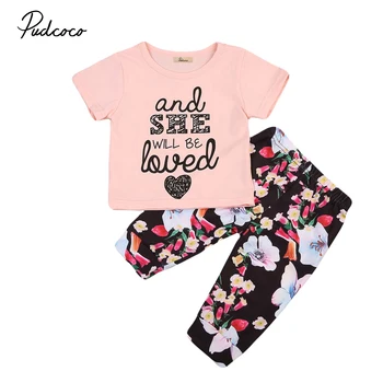 

2pcs Kids Baby Girls Short Sleeve Letters Flower Outfits Letters T-Shirt Tops+Floral Pants Set Cotton Clothes