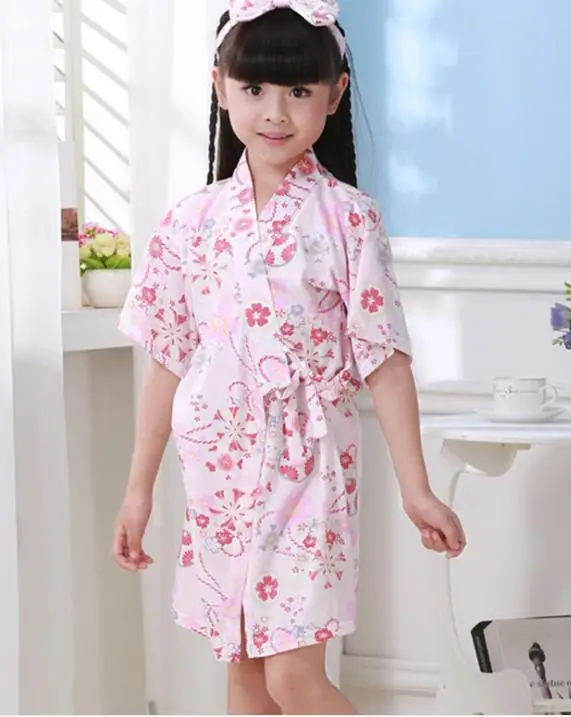 Летний хлопковый Халат, тонкий галстук с цветком вишни и кимоно, с короткими рукавами, с рисунком клубники, кролика, с пятью рукавами, домашняя одежда для девочек - Цвет: Лаванда