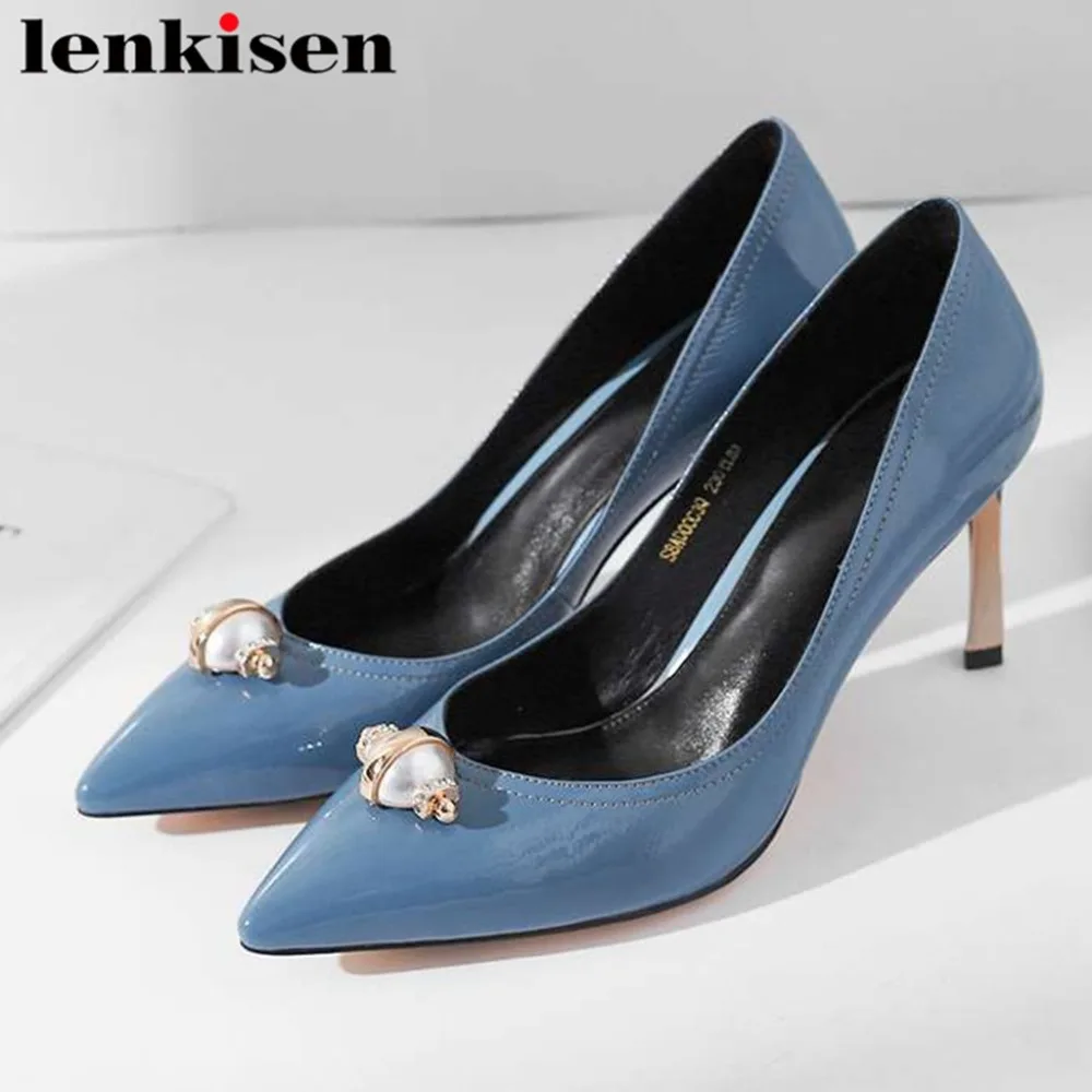 

2019 european style pretty girls high heels fashion show runway pointed toe slip on pearl decoration natural leather pumps L58