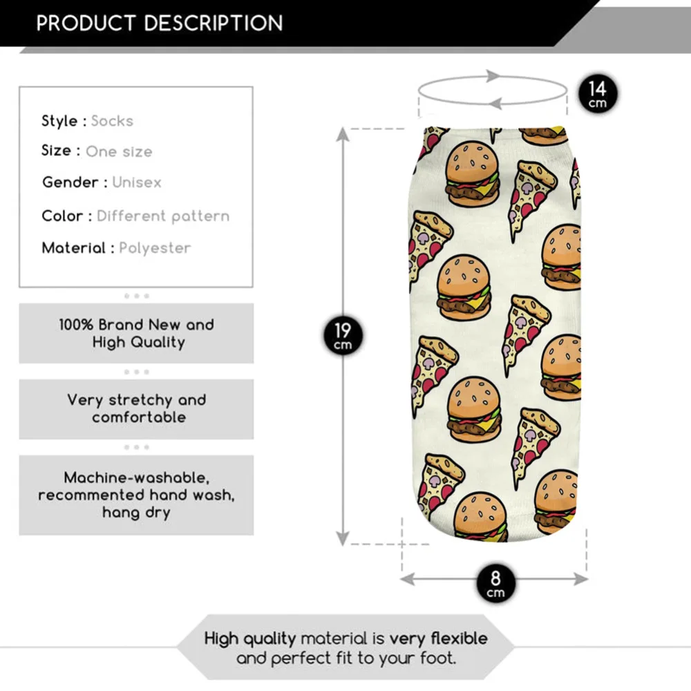 1 пара мягких носков хлопковые носки с гамбургером, пиццей креативные разноцветные жаккардовые повседневные носки в полоску и горошек для мужчин 19 см