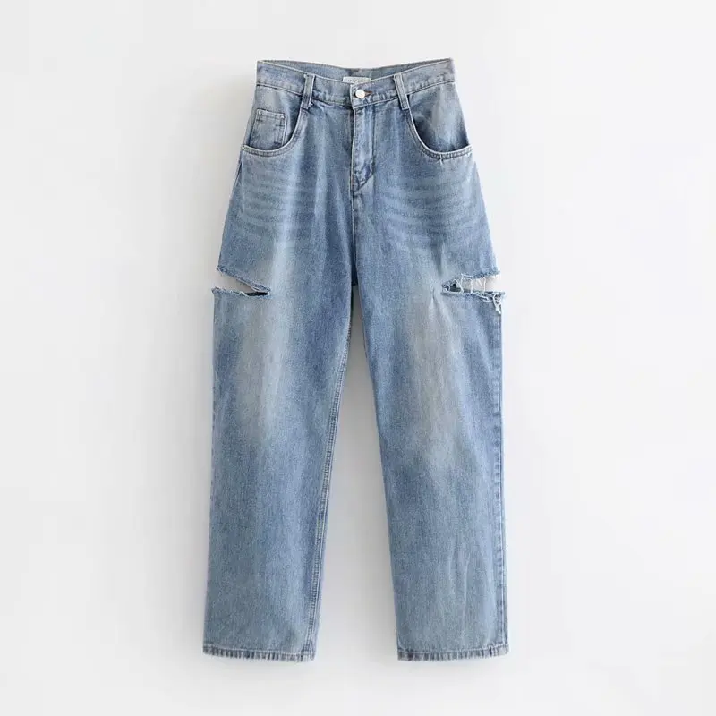 

LJ65-7977 European and American fashionable high-waisted wide-legged trousers with holes and loose jeans