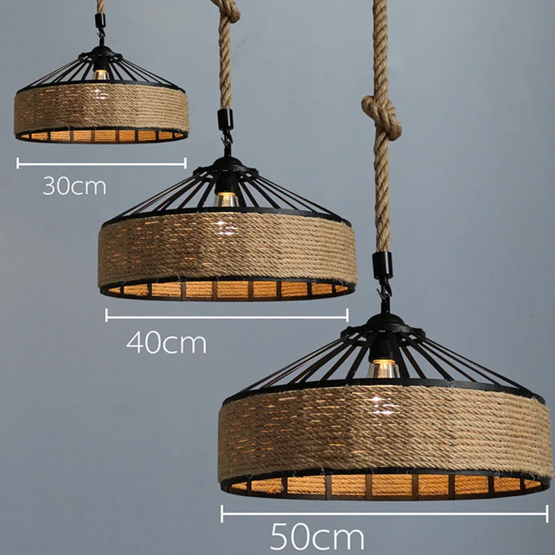 50cm 40cm 30cm Retro Industrial Style LED Pendant Light Vintage Hemp Rope Iron Hanging Lamp Lights for Home Restaurant afbeelding