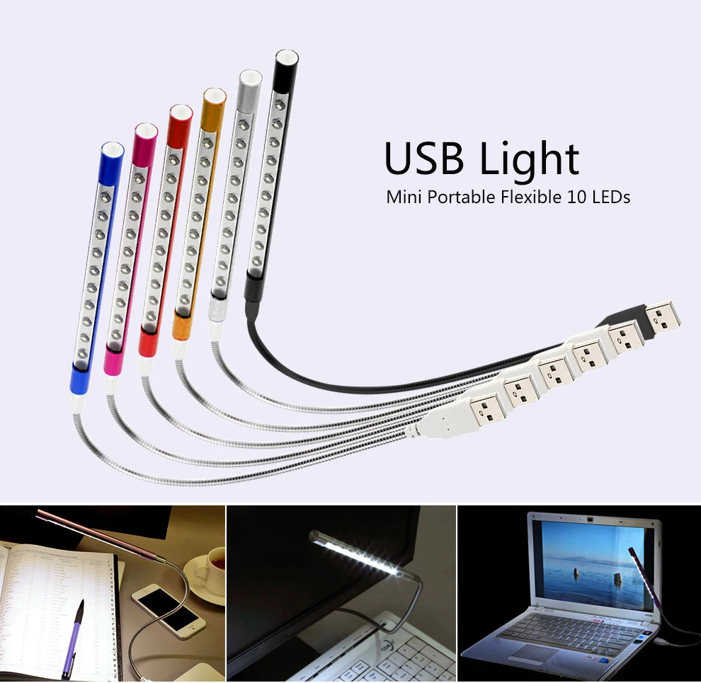 New Arrival USB Book Light Metal Material 10LEDs Flexible Reading Lamp for Notebook Laptop PC Computer USB Night Light 6 Colors