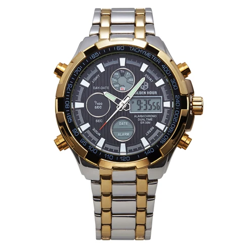Лидирующий бренд, роскошные мужские спортивные часы, полностью стальные, с золотым покрытием, водонепроницаемые, с будильником, светодиодный, цифровые, аналоговые, военные наручные часы, подарок - Цвет: Silver Gold Black