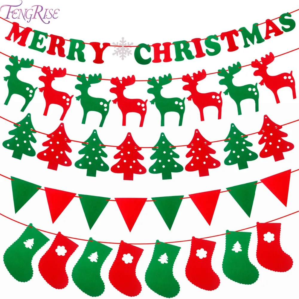 FENGRISE DIY Non woven Fabric Xmas Flags Santa Clause Floral Bunting Banners Merry Christmas Decoration