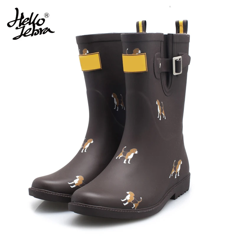 

Hellozebra Women Fashion Rain Boots Dogs Cat Ladies Non-slip Rubber Mid-Calf Hoof Heels Waterproof Buckle Rainboots Fully Buckle