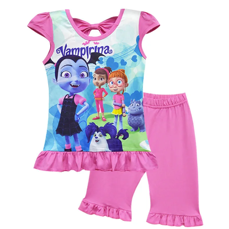 

3 Colors Junior Vampirina Clothes 3-10y Gilrs Summer Sleepwear Pyjamas Set Big Bow Pajamas Cartoon Tops Miraculous Ladybug Mask