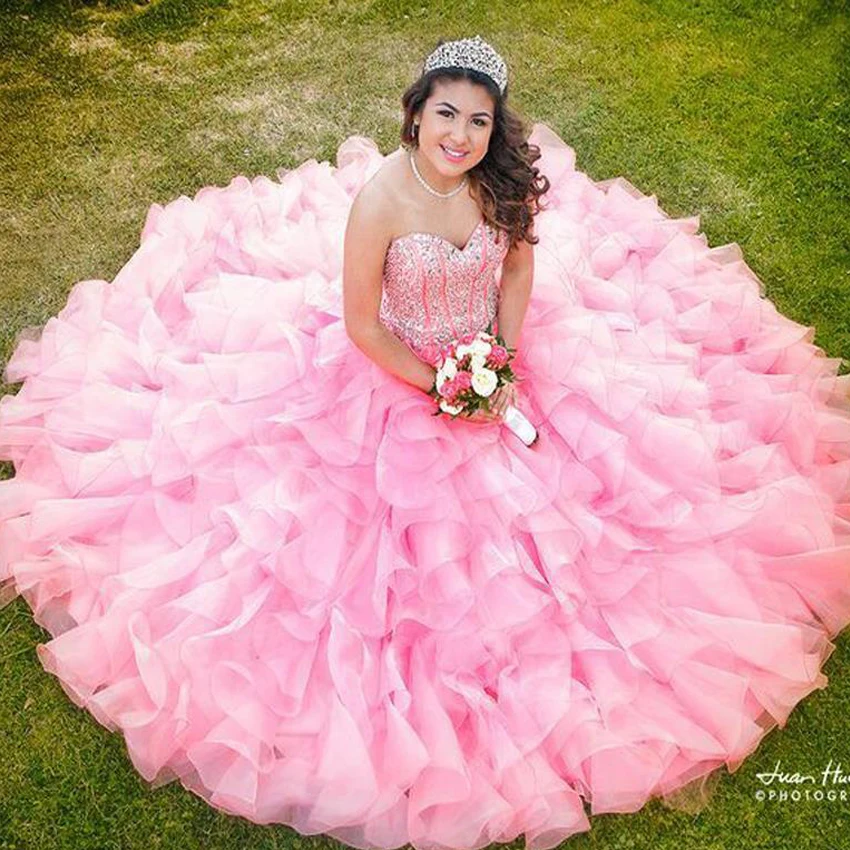 Vestidos De Longo розовые платья Quinceanera Милая Бисер кристаллы корсет многоуровневыми оборками сад вечерние платья