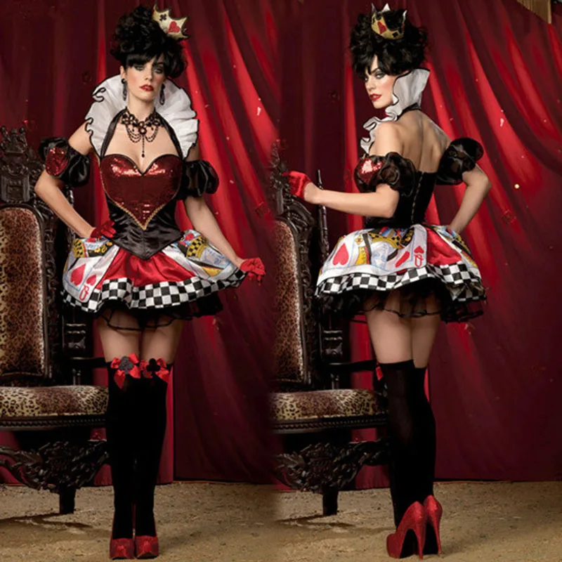 

Alice In Wonderland Cosplay Costume women Sexy Red Queen Halloween masquerade Costume Poker Red Queen of Hearts Costumes
