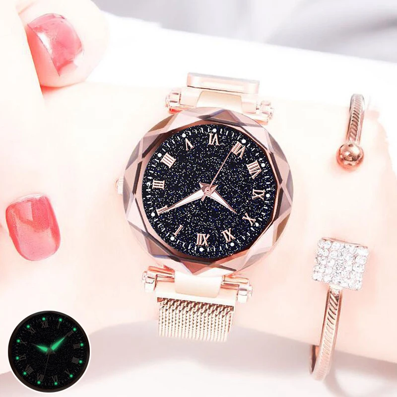 

2019 Luxury Gold Magnetic Watches Women Hot Fashion Bling Starry Sky Luminous Hands Female Quartz Wristwatches Relogio Feminino