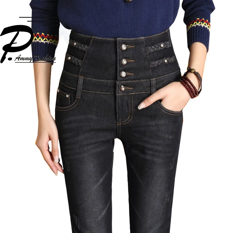 Super Warm Thick Pencil Jeans Pants For 2018 Women Winter Soft Fleece High Waist Denim Trousers Female Slim Narrow pants |