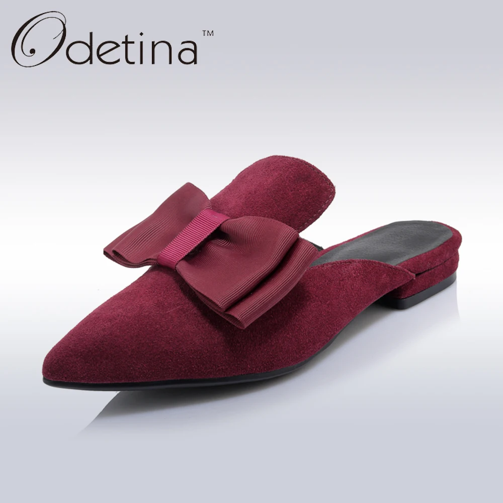 

Odetina Brand 2019 Genuine Leather Summer Women Pointed Toe Slingback Flats Bow Tie Flat Shoes Half Slippers Mules Cuir Femme