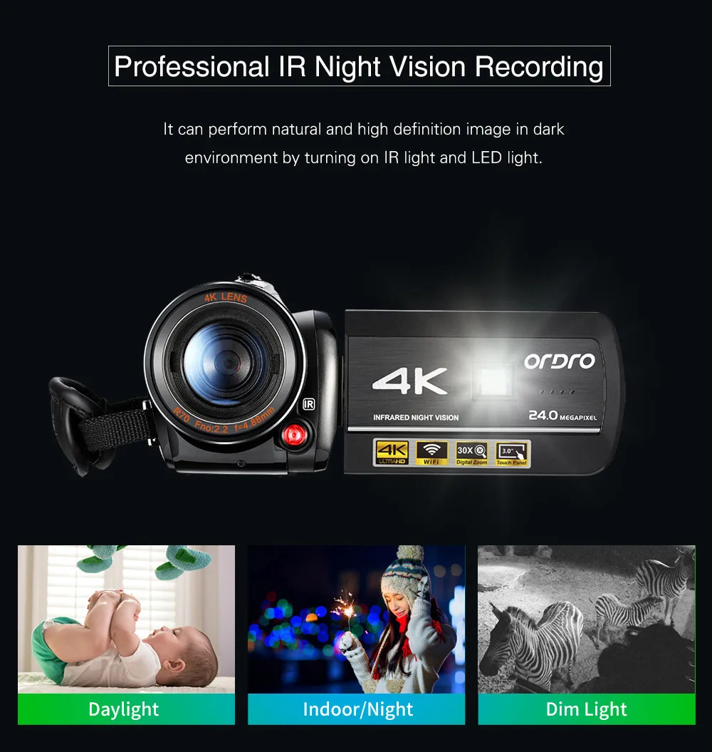 ORDRO AC3 4K Ultra HD 60FPS видеокамера с Wifi внешним микрофоном широкоугольный объектив и бленда 3,0 lcd сенсорный TFT экран
