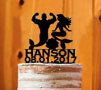 

personalized last name muscle man mermaid wedding Cake Toppers bride groom engagement bridal shower party decorations