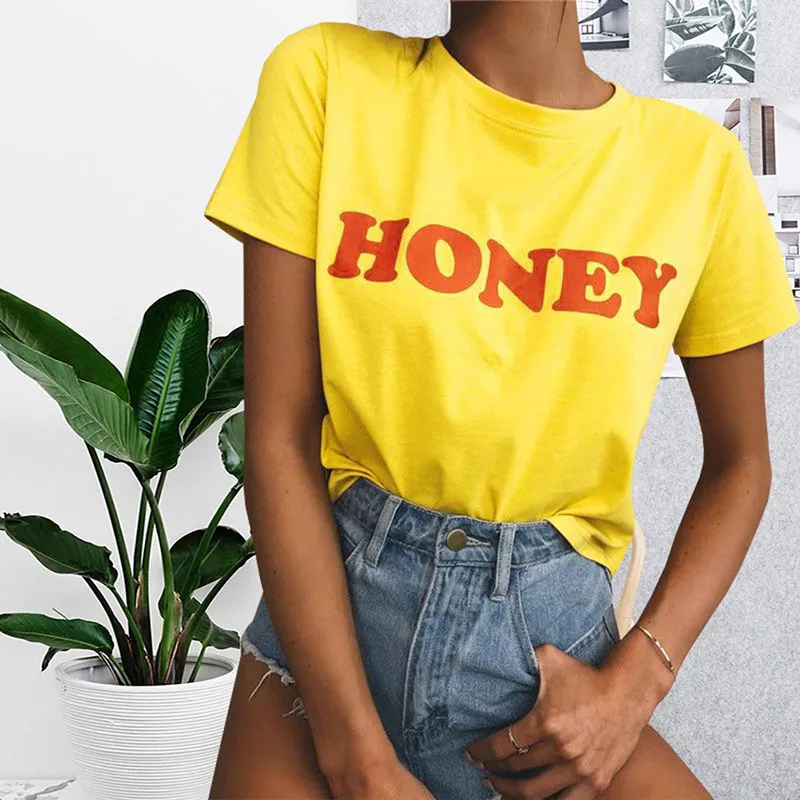 Honey Уличная Повседневная Свободная футболка 2018 летняя печать письмо обрезанный