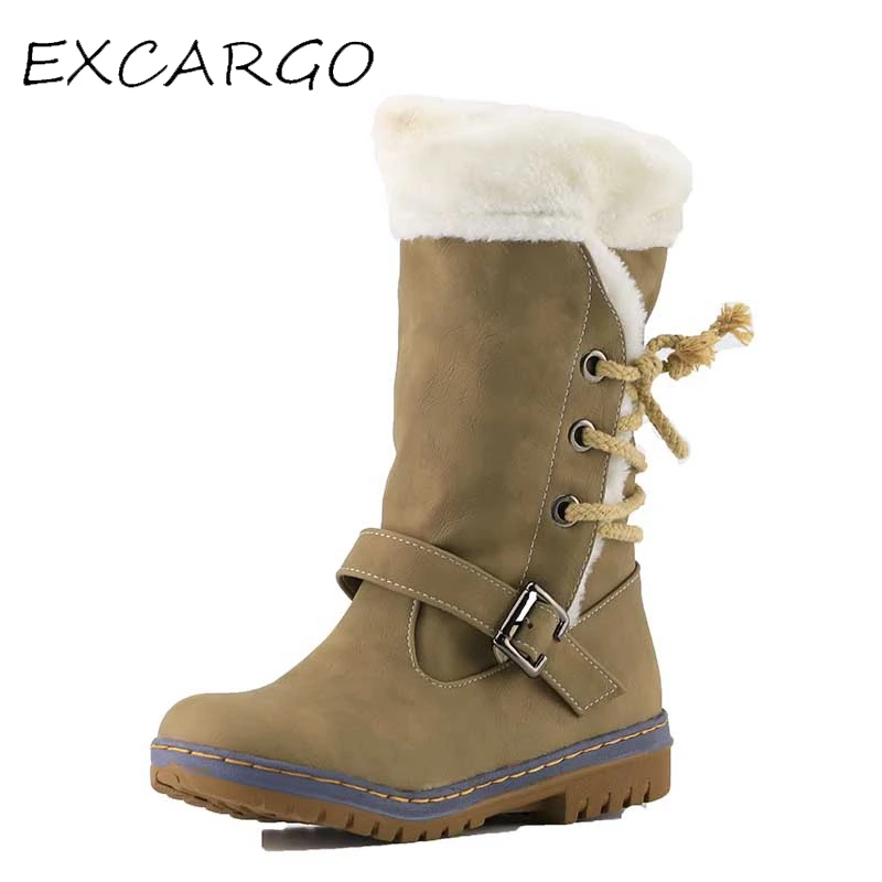 EXCARGO Woman Snow Boots PU Leather With Buckle Cross Straps 2018 Female Winter Boots Calcados Femininos Bota De Neve Size 34-35