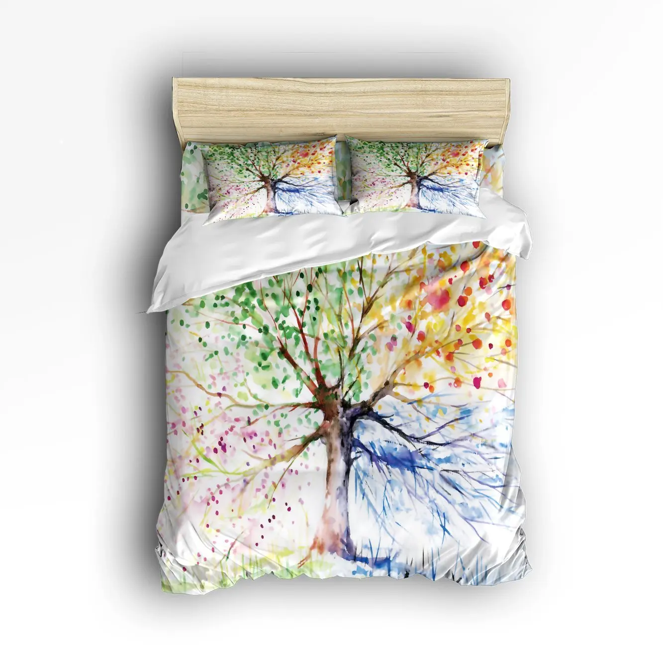 

King Size Bedding Set- Colorful Tree Four Seasons Art Print Duvet Cover Set Bedspread for Children/Kids/Teens/Adults, 4 Piece
