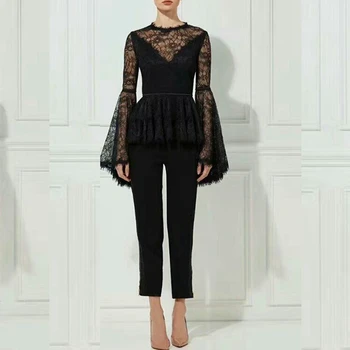 

elegant summer 2019 chic elegant sexy lace suit Bodycon hollow out bodysuit two 2 piece Bandage juimsuit Wholesale vestido