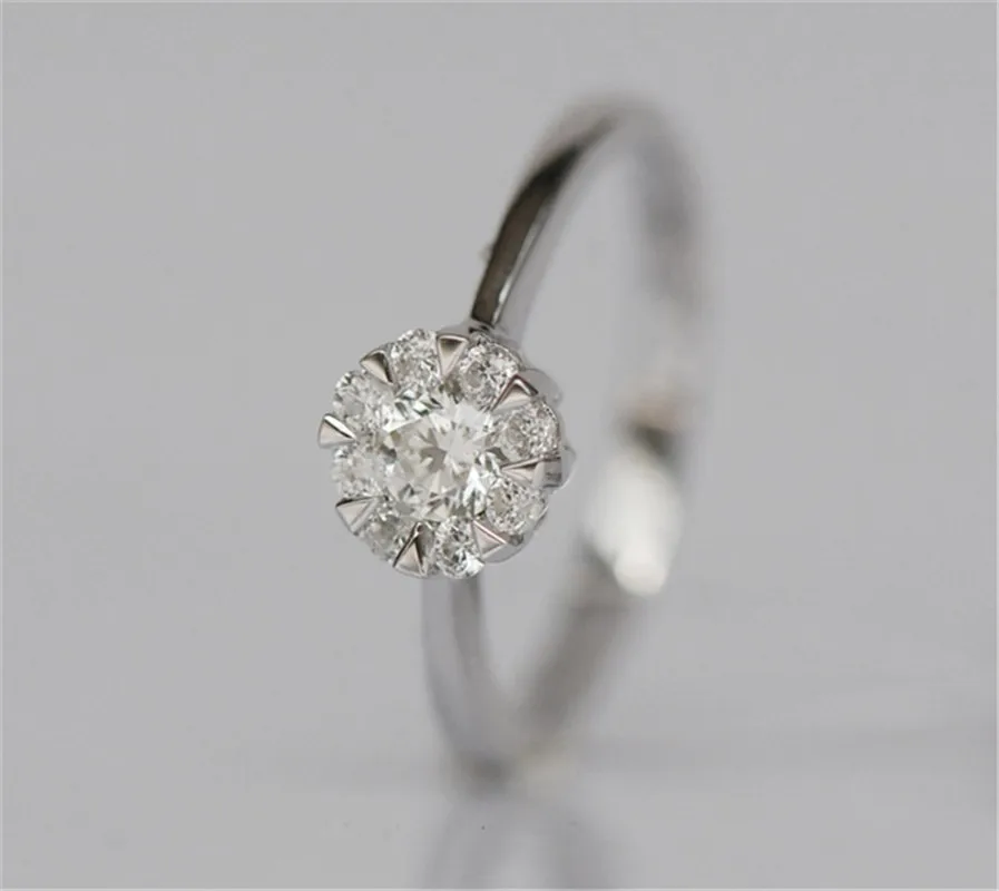 Фарфоровый элемент белого золота 14 K 0.15CT имитированный алмаз кольцо для женщин Свадебные украшения цветок лепесток обручальное кольцо G14K гравированное
