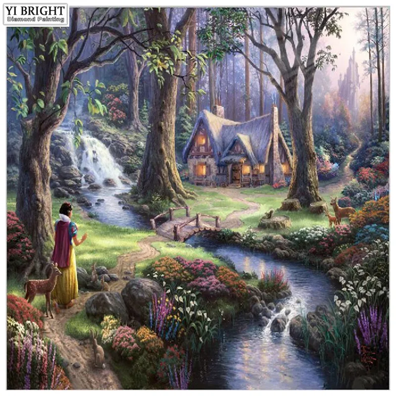 10x10FT-Snow-White-Princess-Fairy-Animals-Deer-Forest-Waterfall-Cottage-Castle-Photography-Backdrop-Studio-Background-Vinyl