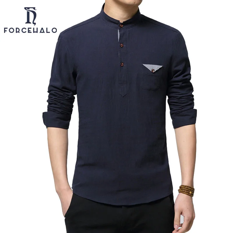 2017 New Fashion Men Linen Shirt Long Sleeve Casual Collarless Mens