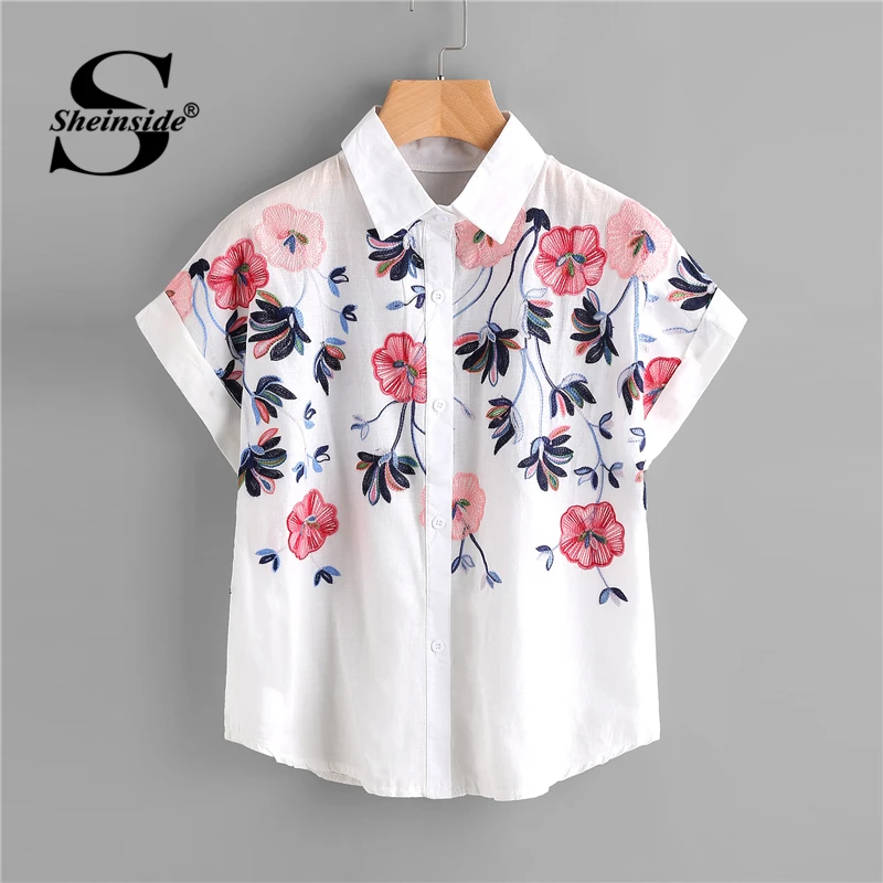 Sheinside White Floral Embroidery Shirt Women Roll Up Sleeve Button Top 2018 Summer Short Sleeve Office Work Wear Elegant Blouse
